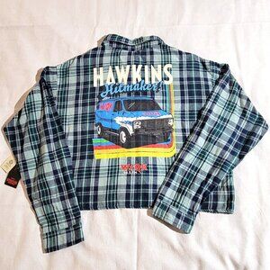 Stranger Things Hawkins Hitmaker Flannel Cropped Shirt WQK 94.5 FM NWT Small
